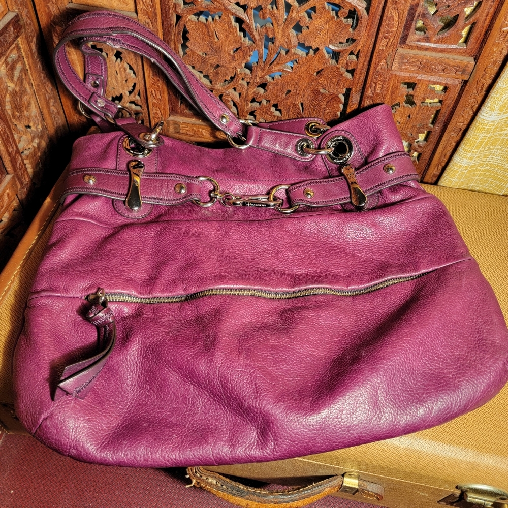 B. Makowsky Purple Leather Slouch Bag with Leopard Print Interior